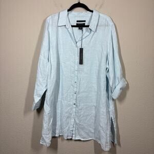 Tahari Essentials 2X Roll Tab Sleeves Linen Tunic Shirt Light Blue Button Up